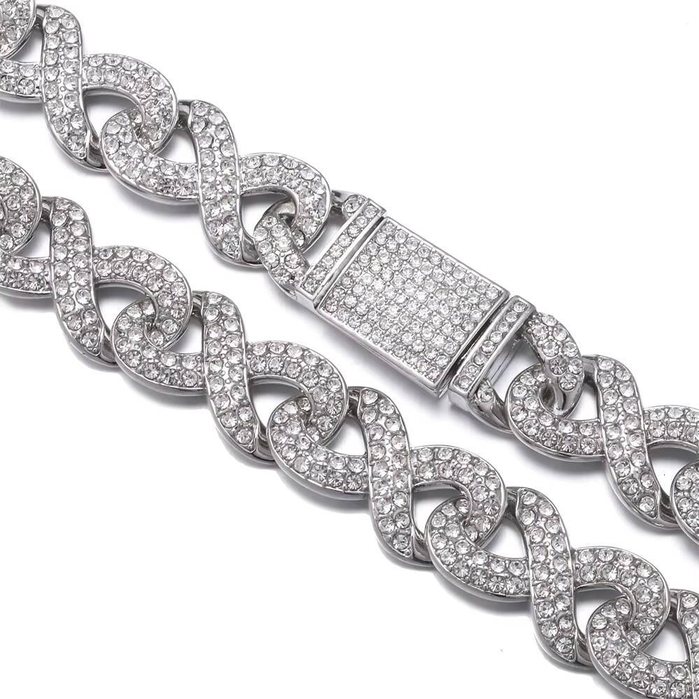 15mm 18 20 22 24 Moissanite Infinite Shaped Cuban Chain Alloy Necklace Iced Out Cubic Moissanite Bling Jewelry for Women Men