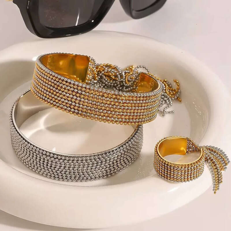 2025 Designer Gold Plated Stainless Steel Two Tone Chain Tassel Bracelet Adjustable Ring Set Stylish Jewelry for Gift