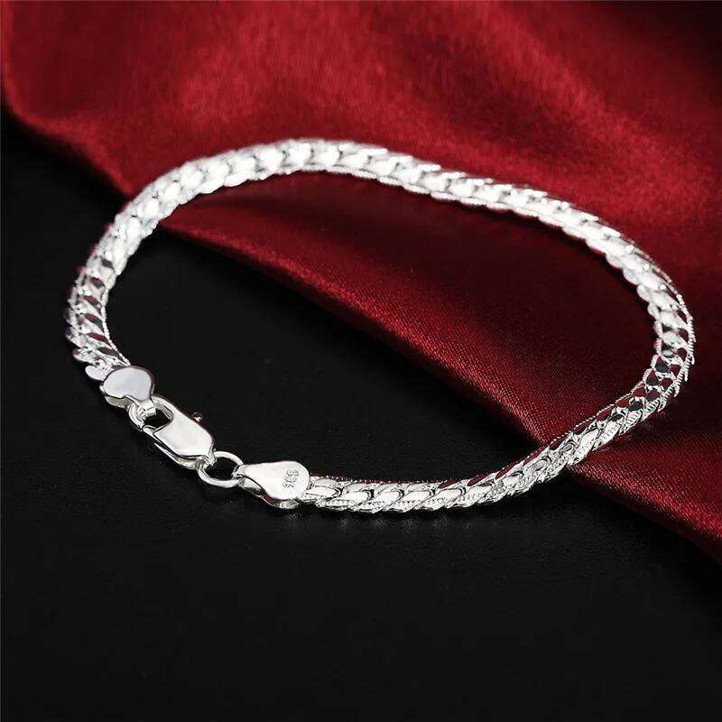Sterling Sier Bracelet 6mm 18/20cm Flat Side Chain Lobster Clasp For Woman Man Wedding Engagement Jewelry