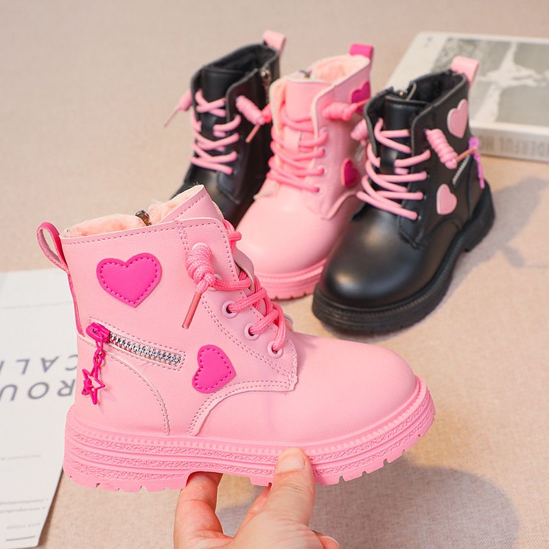 Girls Ankle Boots Fashion Princess Kids PU Leather Rubber Outsole Toddler Children's Short Boots Autumn Winter Zipper Pink with Love Heart Sizes 