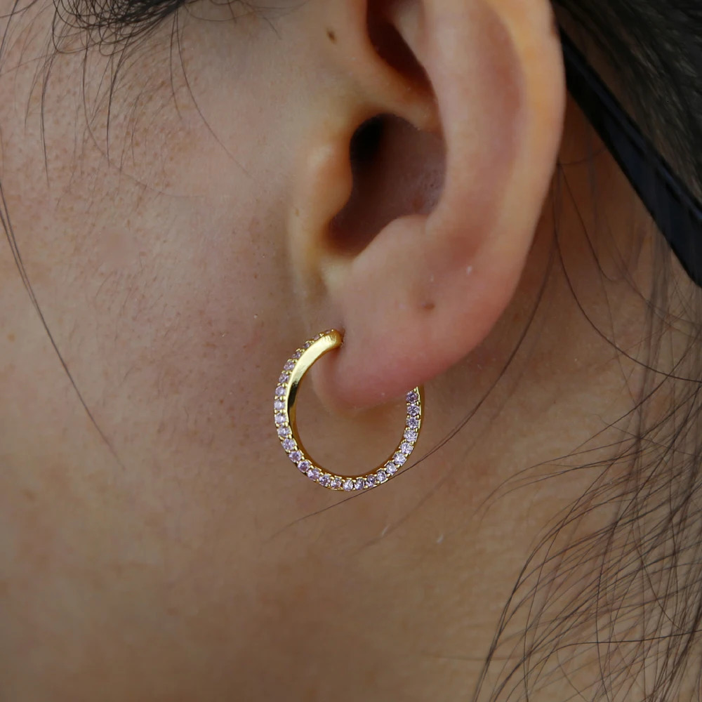 18mm Medium Pink Cz Circle Hoop Earring Top Quality Gold Plated 100 925 Sterling Silver Girl Jewelry 250930