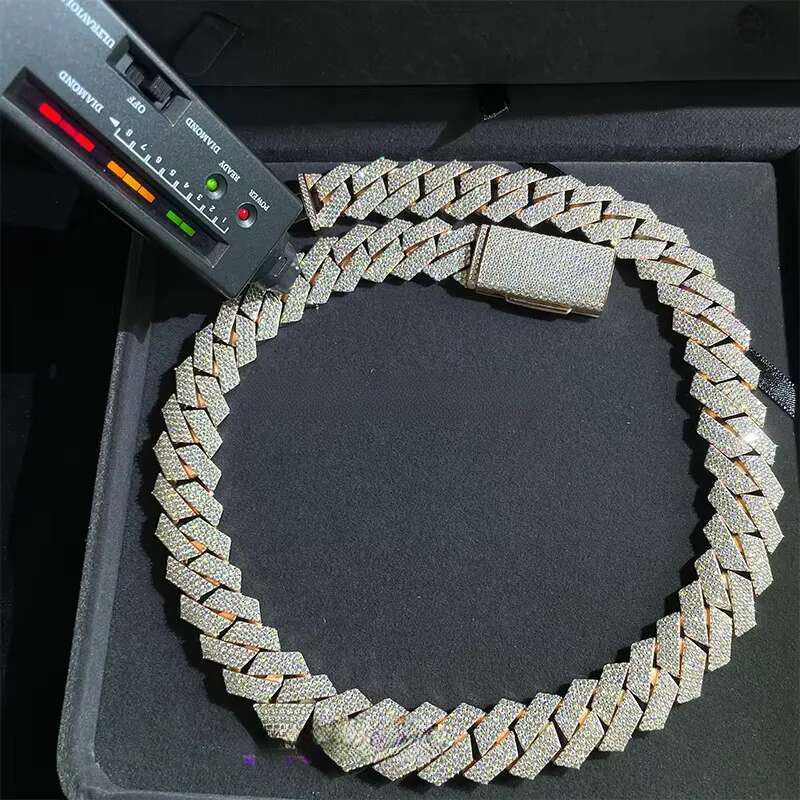 High-End Sier Moissanite Iced Cuban k Chain 18mm Rose Gold Plated VVS Pass Dia Tester Necklace for Gift