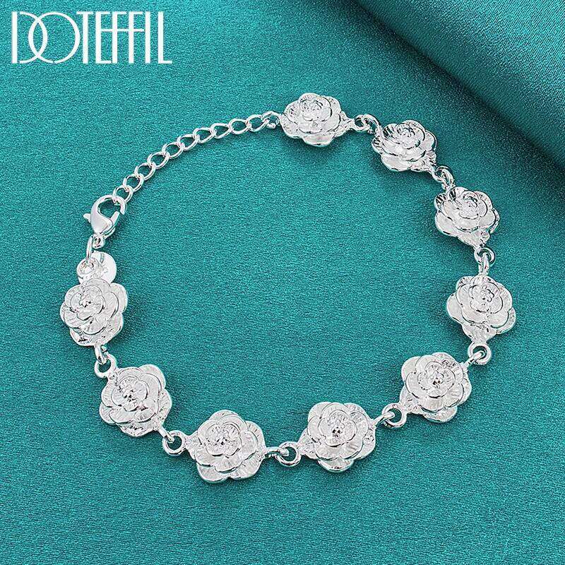 DOTEFFIL Sterling Sier Full Rose Flower Chain Bracelet For Women Wedding Engagement Party Fashion Charm Jewelry
