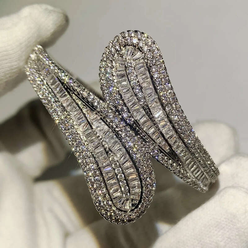 Handmade Jewelry Sterling Sier T Shape White Clear Topaz CZ Dia Eternity Cross Bangle Women Wedding Wrist Bracelet Gift