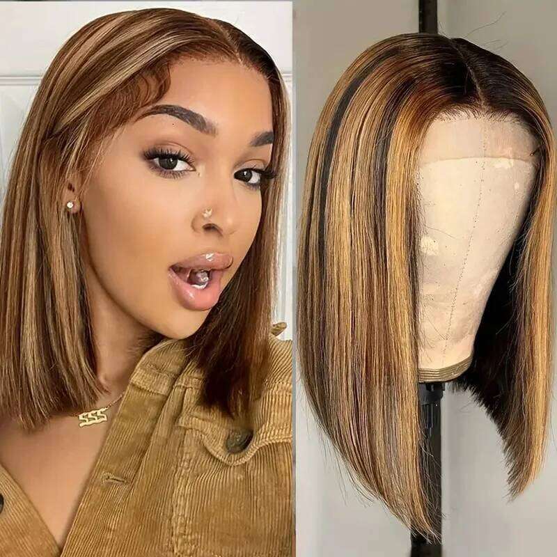 210% 4/27 HD Straight Short Highlight Bob Ombre Blond Human Hair Wigs 4X4x1 Lace Closure Wig Xiusiyuan2510