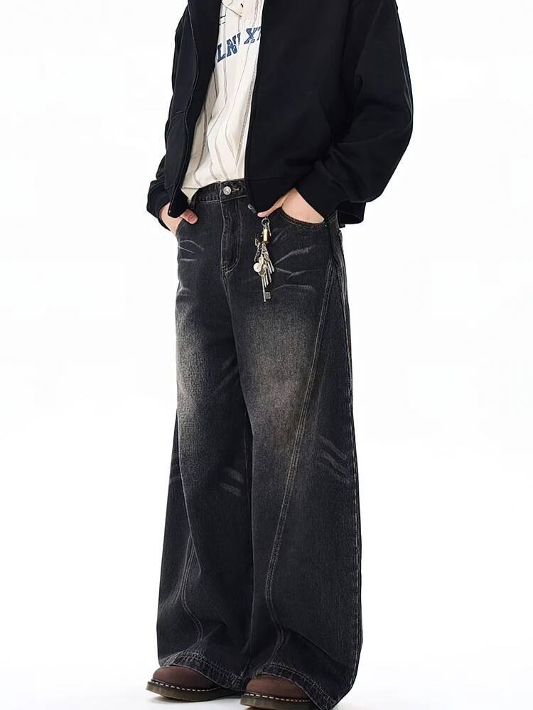 Vintage Black Washed Baggy Jeans Men Wide leg Curved Blade Pants Streetwear Cowboy Casual Denim Straight Trousers dongdumaoyi