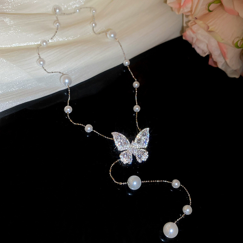 Real Gold Plated Zircon Butterfly Pearl Tassel Necklace Internet Celebrity Style Collarbone Chain Super Fairy Sweet High-end Sense Choker for Women