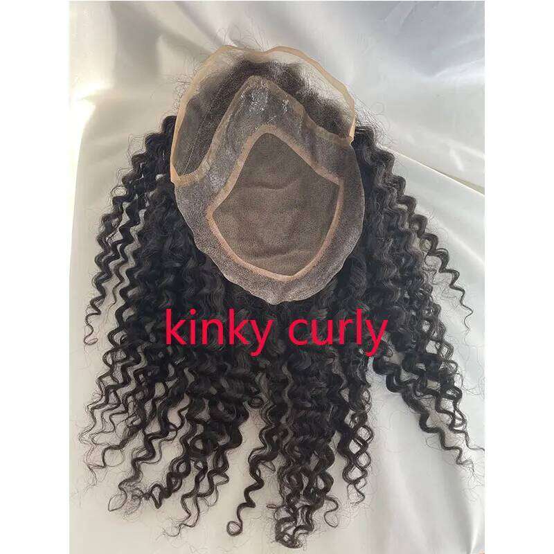 Toupee for Men Mono with PU Around Lace Systems Kinky Curly Wigs, Long Human Hair Natural Color 8x10''12inch
