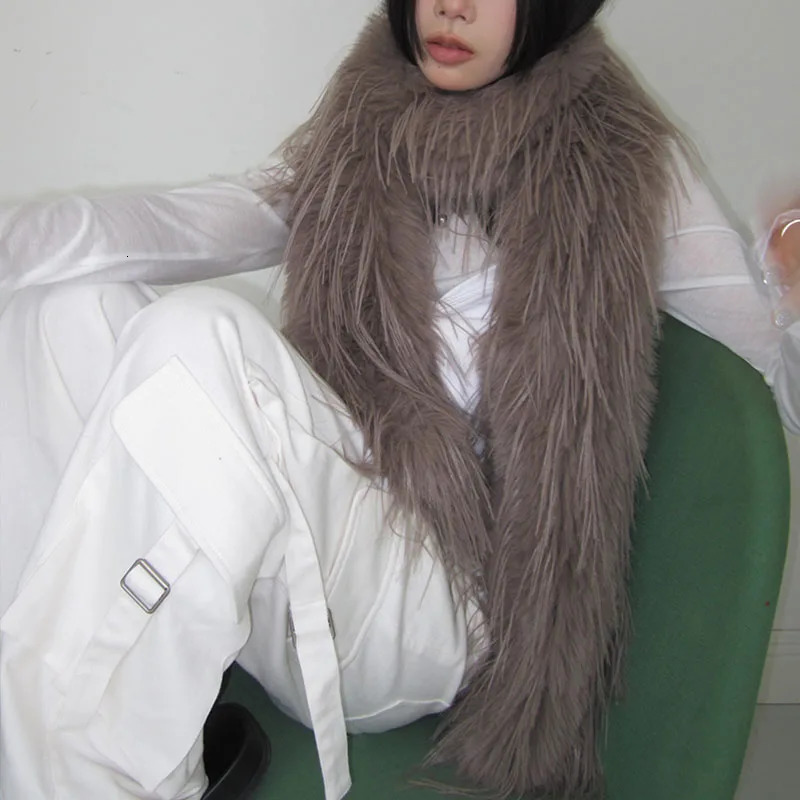 Brown Long Hair Scarf Solid Color Plush Shawl Winter Warm Thickened Tassel Shawl Fur Scarves Warp Women Year Gift 250930