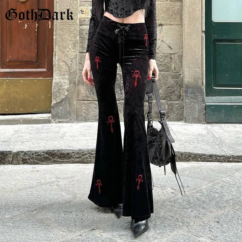 Goth Dark Veet High Waist Flare Pants Haruku Fashion Cross Embroidery Soft Long Pant Women Autumn Mall Gothic Slim Trousers dongdumaoyi