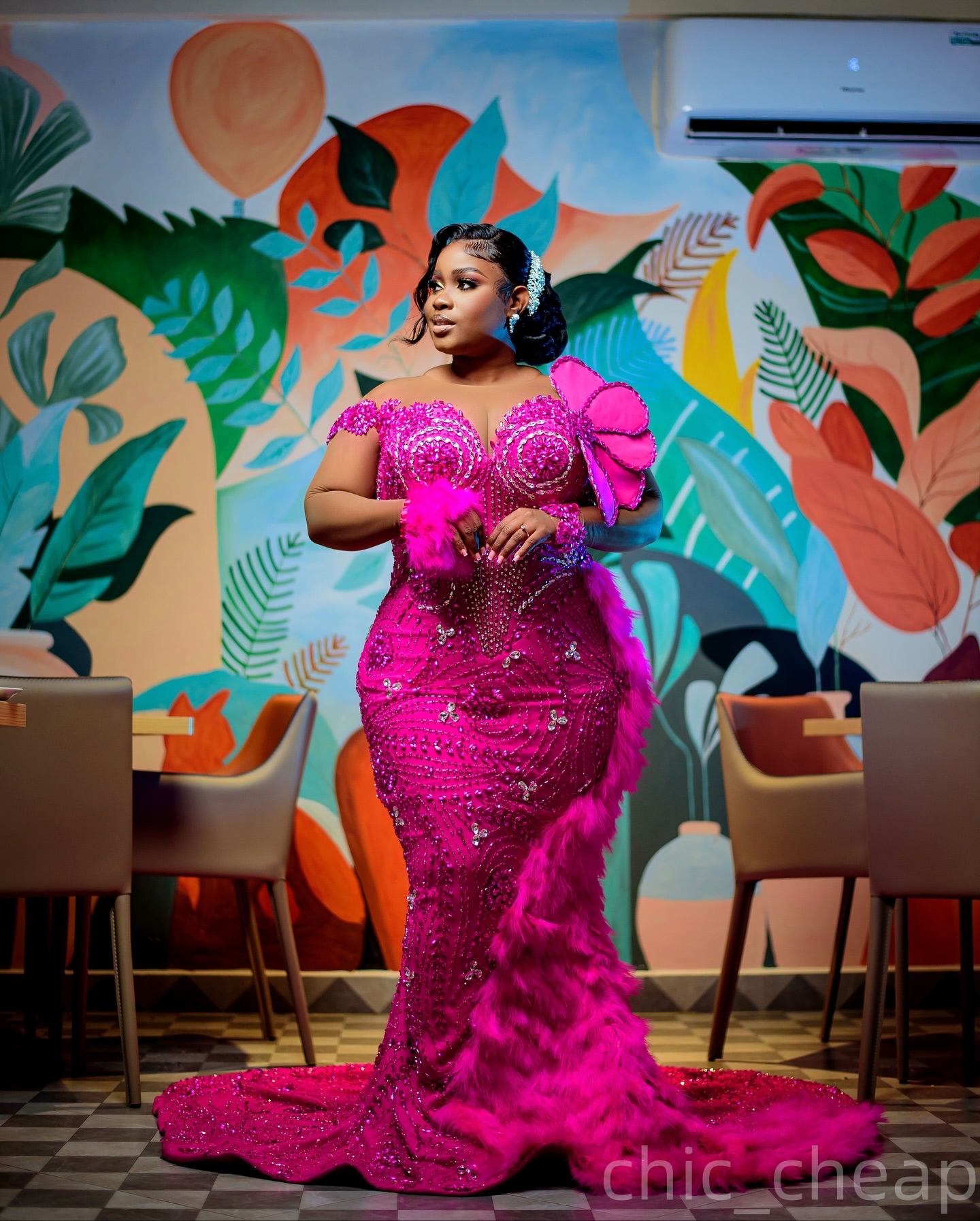 Mermaid Fuchsia Prom Dresses 2025 Beaded Crystals Feather Florals Evening Formal Party Second Birthday Engagement Gowns Plus Size Dress For Special Oc