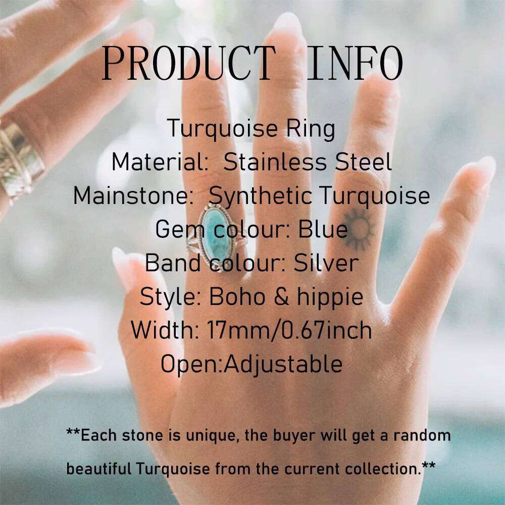1pc Boho Turquoise Hippie Stainless Steel Blue Gemstone Sier Color Adjustable Ring Women Chunky Rings Bohemian Jewelry