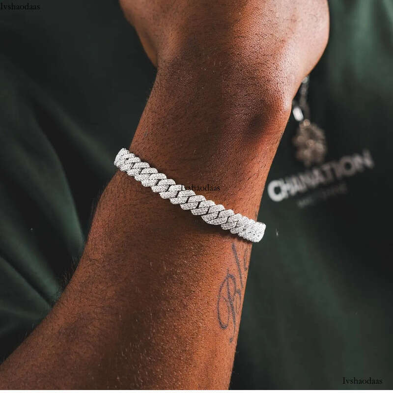 Mossanite Hip Hop Jewelry 8mm-15mm Sterling Sier Pass Dia Tester VVS Moissanite Iced Out Cuban Link Bracelet for Mens
