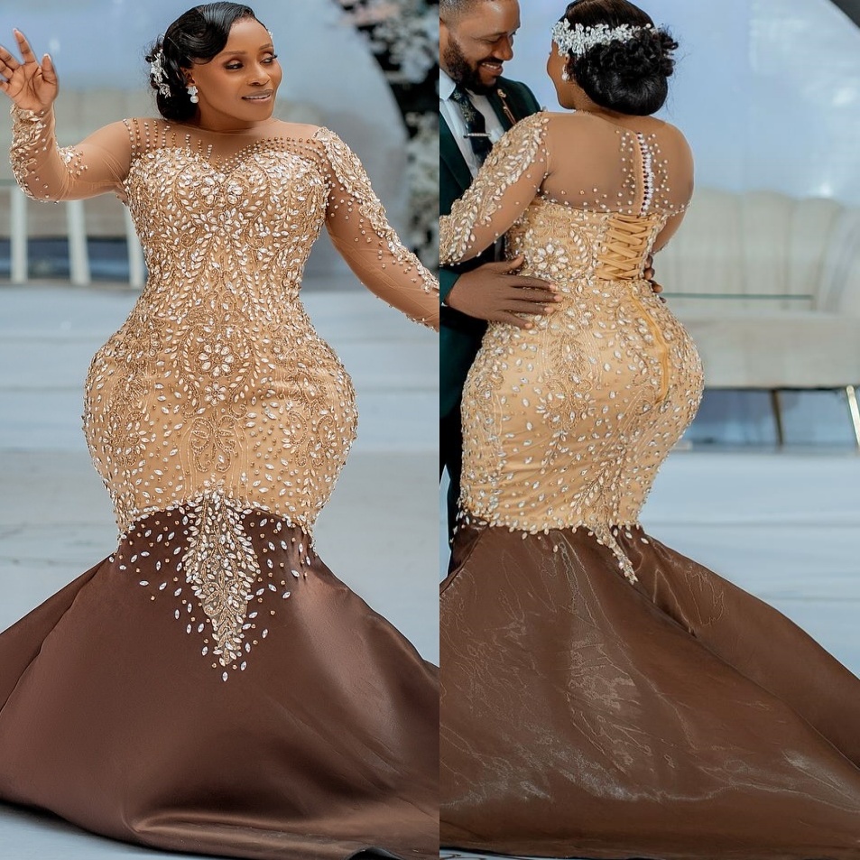 Brown Mermaid Evening Dresses Illusion Beaded Crystals Satin Lace Up Prom Formal Party Second Birthday Engagement Gowns Plus Size Dress For Special Oc