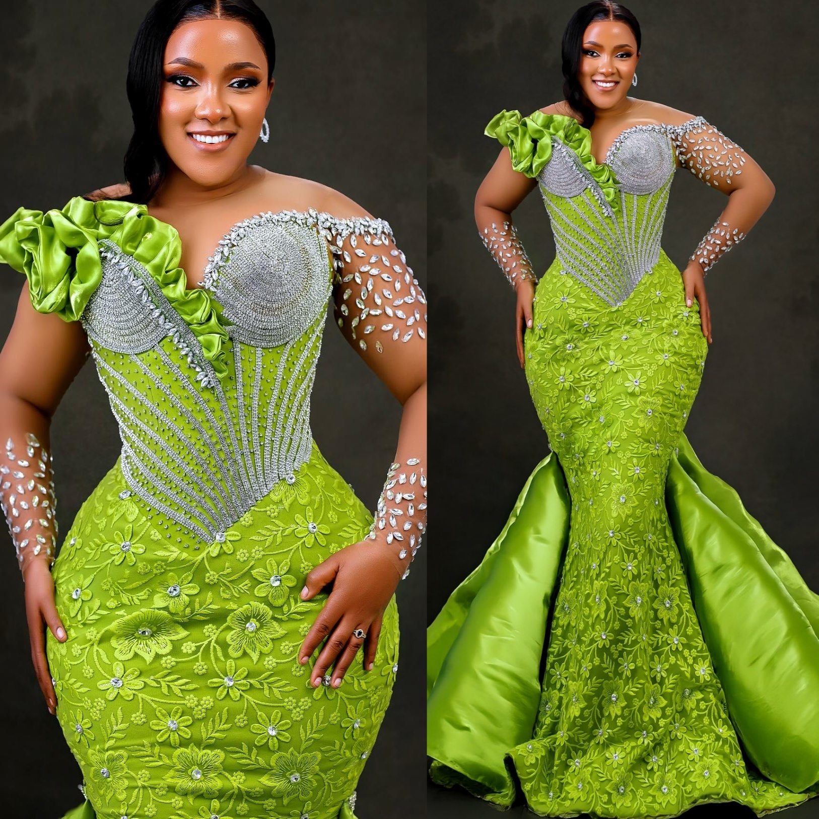 Mermaid Green Prom Dresses 2025 Lace Crystals Detachable Train Satin Evening Formal Party Second Birthday Engagement Gowns Plus Size Dress For Special