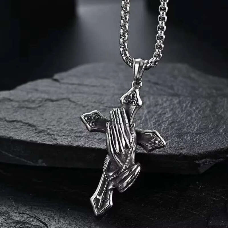 DHCollections Stainless Steel Cross Necklace with Praying Hands Pendant Chain Retro Style for Men