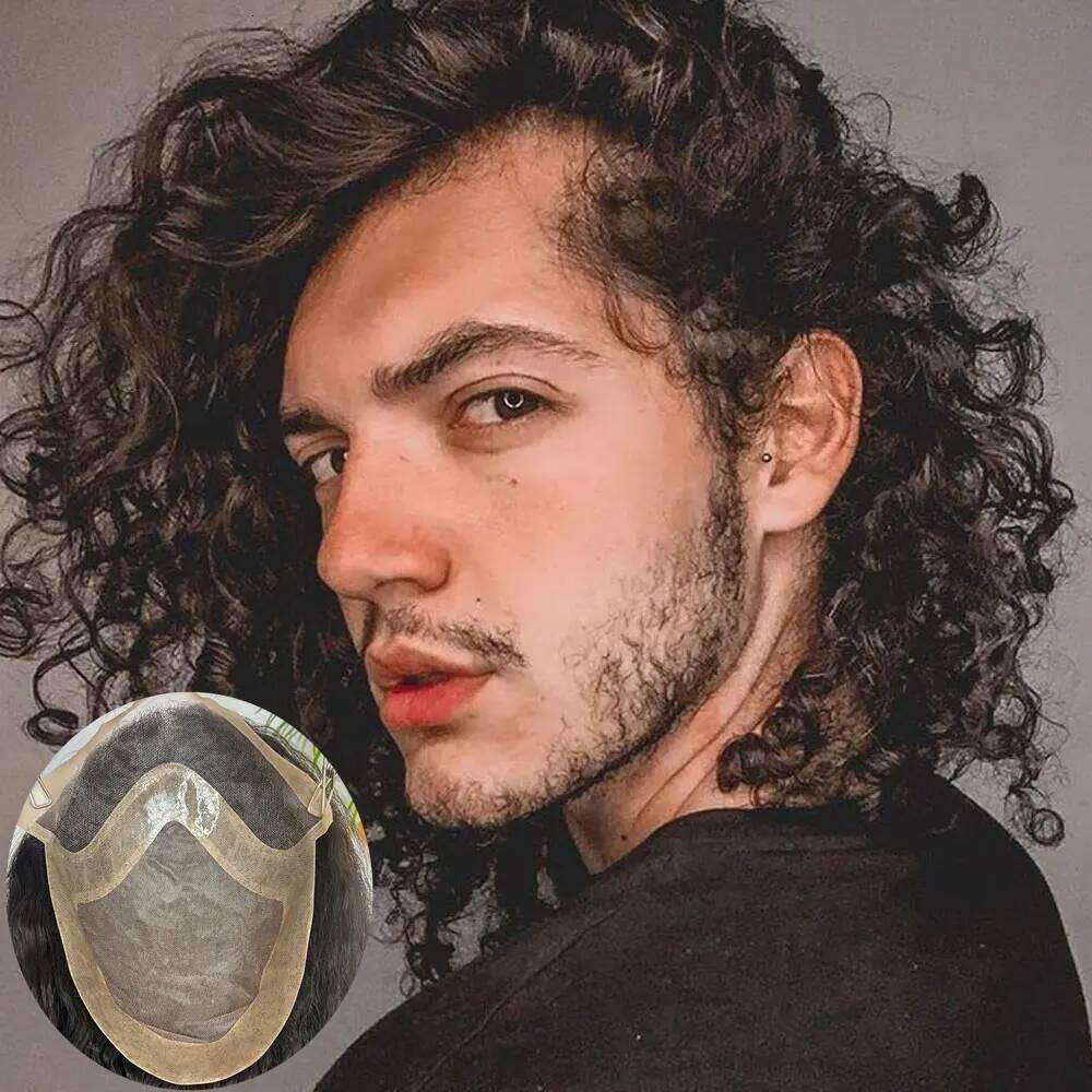 Toupee for Men Mono with PU Around Lace Systems Kinky Curly Wigs, Long Human Hair Natural Color 8x10''12inch