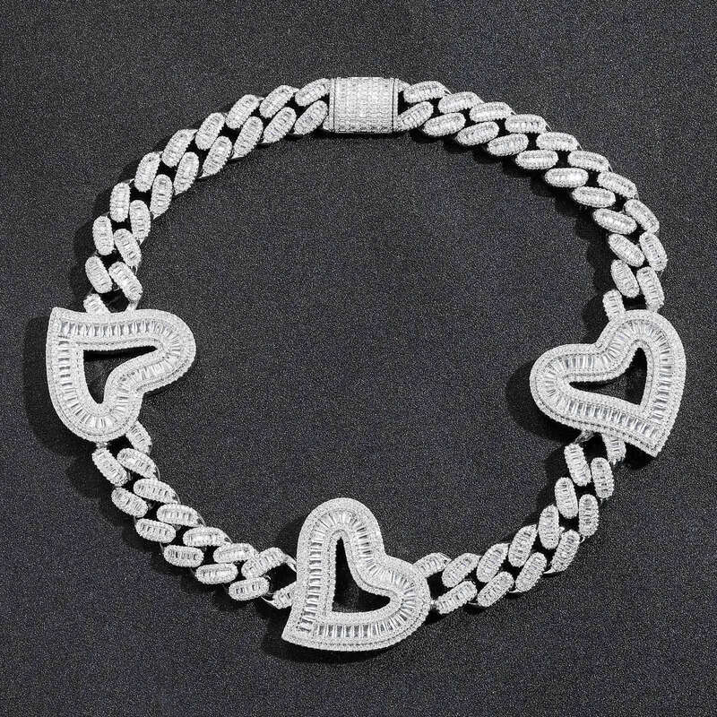 Mens Heavy Hip Hop Chians 16mm 16-22inch Gold Plated Baguette CZ Hearts Cuban Chain Necklace Gift for Friends