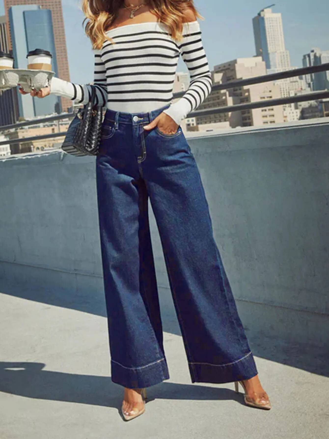 Women's Classic Blue High Rise Wide Leg - Stretch with Button Fly, Soft and Comfortable, Slim Fit Vintage Wash Jeans dongdumaoyi