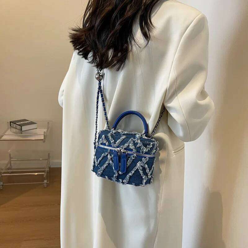 Womens Niche Design Denim Small Ashionable Mini Hand-held Box Summer Chain Crossbody Blue Color Funny Simple Bag