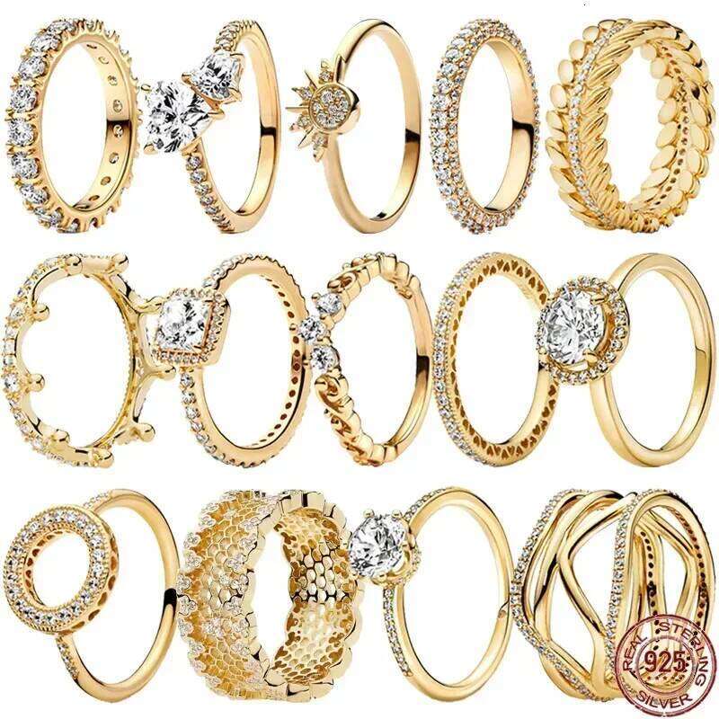 Gold Color Series Sterling Sier Classic Square Heart shaped Crown Ring Exquisite Charm Jewelry Birthday Gifts