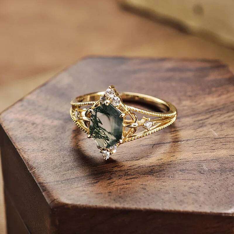 LAMOON Green Moss Agate Ring For Women New Princess Cut Natrual Gemstone Sterling Sier Gold Plated Fine Jewelry Party Gift