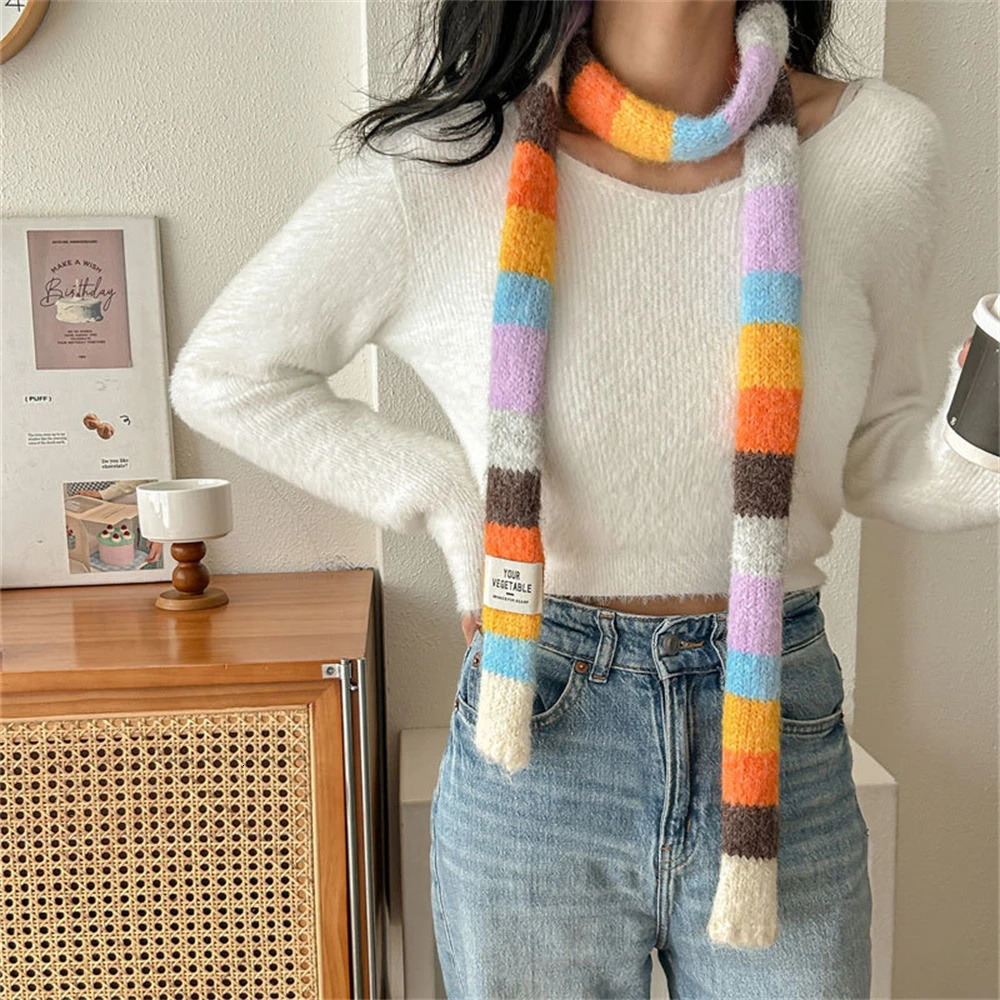 Women Rainbow Stripe Knitted Scarf Patchwork Clashing Colors Long Soft Scarves Female Winter Premium Feeling Weenie Scarf Shawl 250930