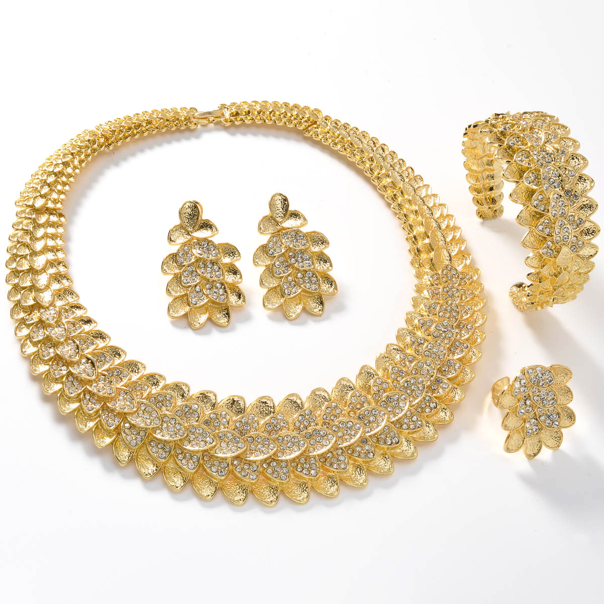 Jewelry 5-Piece 18K Gold Leaf Multi-Layered Full-Diamond Jewelry Set for Middle Eastern Banquets - Necklace, Bracelet, Earrings, Ring | Unique Jewelry