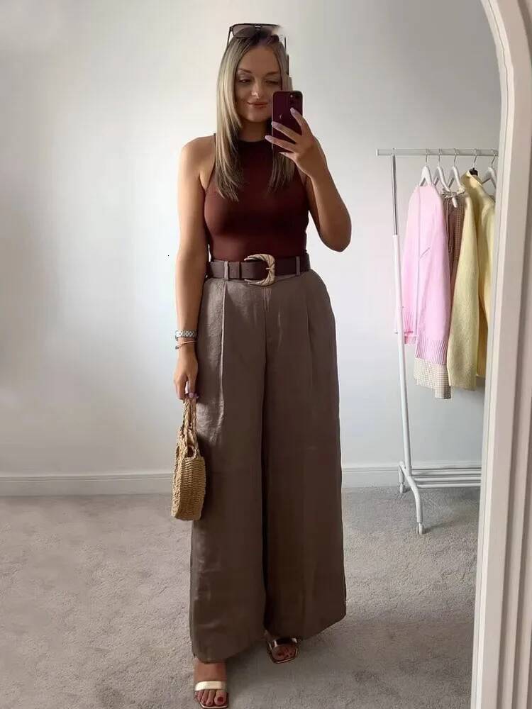 Women New Fashion Solid Belt Wrinkles Decorate Casual Loose Trousers Female Chic Zipper Side Pocket Slim Wide Leg Pants dongdumaoyi
