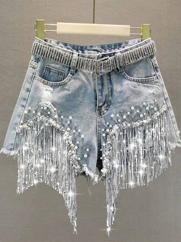 Summer Elegant Lady Tassel Beading High Waist Wide Leg Denim Female Casual Solid Shorts Jeans for Women Clothing dongdumaoyi