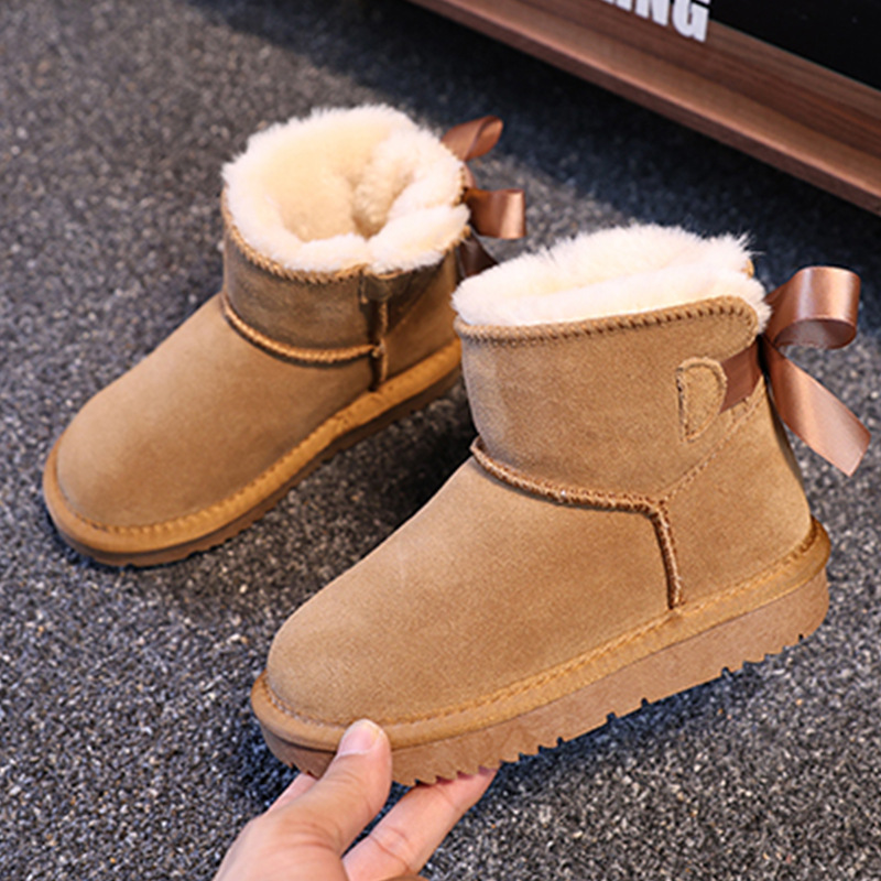 EBV designer shoes free shipping High quality cowhide new warm and anti slip fashionable bow children's snow boots size 25-36 black brown pink