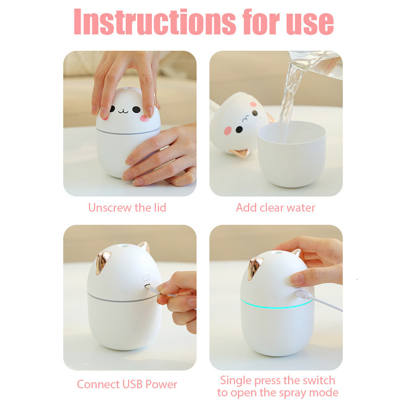 250ml Car Air Humidifier Cute Kawaiil Aroma Diffuser With Light Cool Mist Spray For Car Home Air Purifier USB Air Humidifier