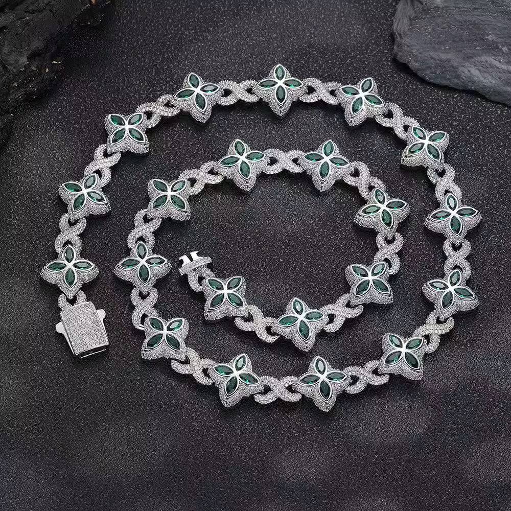 Hip-hop rap infinite four-leaf clover bracelet fashion cool high-end 5A diamond color hand jewelry necklace