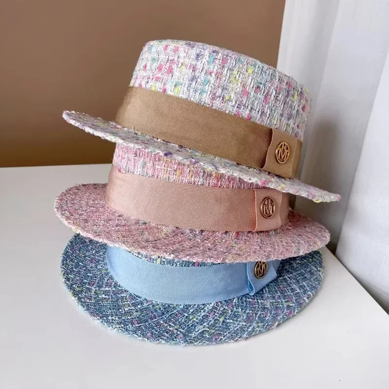 Europe and America xiao xiang style pearl flat top color jacquard hat pink tweed top hat womens autumn and winter fashion hats 250930