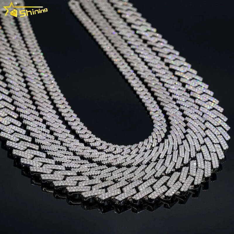 Iced out vvs 2 rows miami gold necklace sterling sier dia moissanite cuban link chain