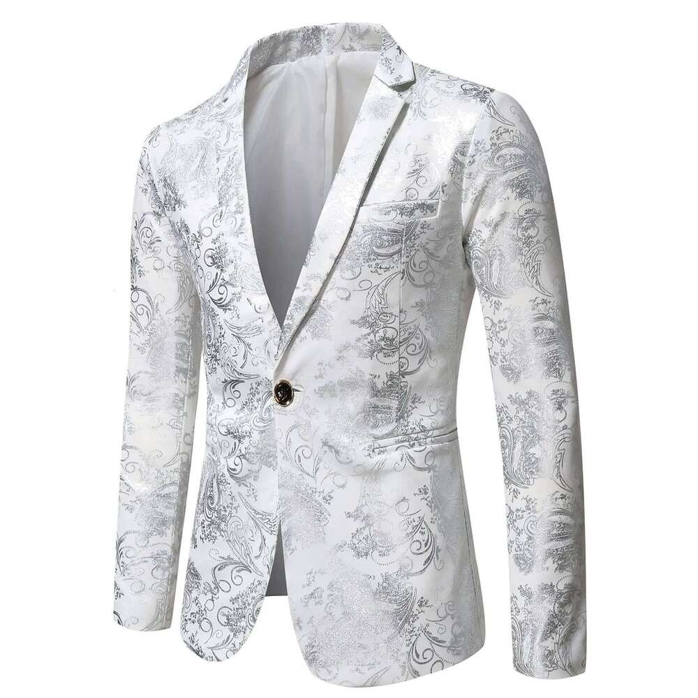 Men's Slim Fit Print Blazer Jacket 2025 Fashion Handsome Business Casual Sier Stage Show Suit Small Menswear