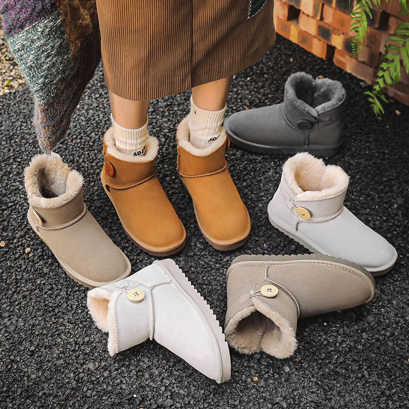 EBV designer shoes hot free shipping High quality cowhide winter snow boots anti slip thick button fashion cotton shoes for women black grey brown kha