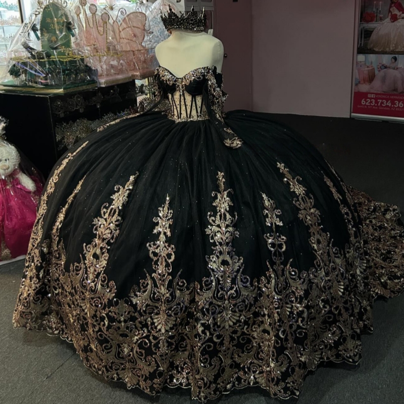 Black Shiny Quinceanera Dresses Off The Shoulder Gold Applique Lace Beading Crystal Tull Party Birthday Sweet 16 Dress Vestidos 15 De Anos