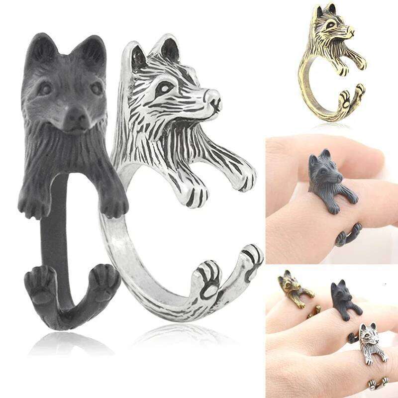 4 Style German Shepherd &Border Collie Shiba Inu & Akita Dog Wrap for Women Animal Metal Ring Anel Girls Unique Cool Gift