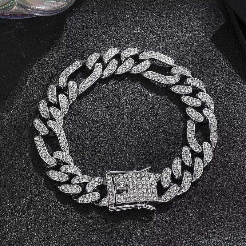 DHgate Iced Out Cuban Link Chain for Men Women Hip Hop Bling Rhinestone Choker Necklace Adjustable Fashion Jewelry Sier Color 1 Piece 18mm Width