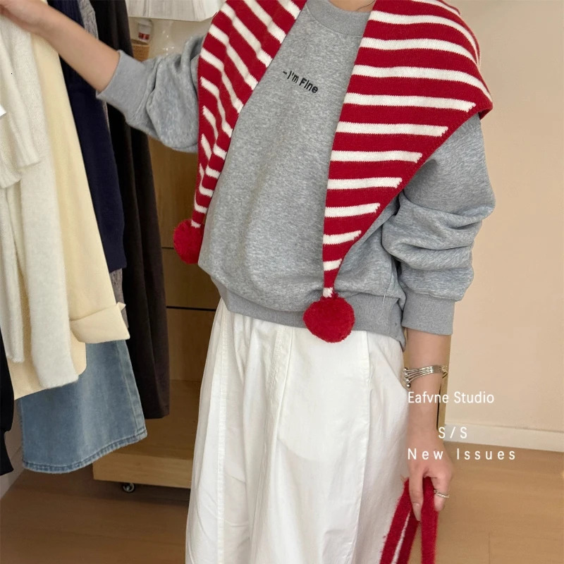 Cute Striped Triangle Scarf with Pom Women Autumn Winter Shawl Neck Warm Chic Scarves for Ladies Small Knit Triangular Scarf 250930
