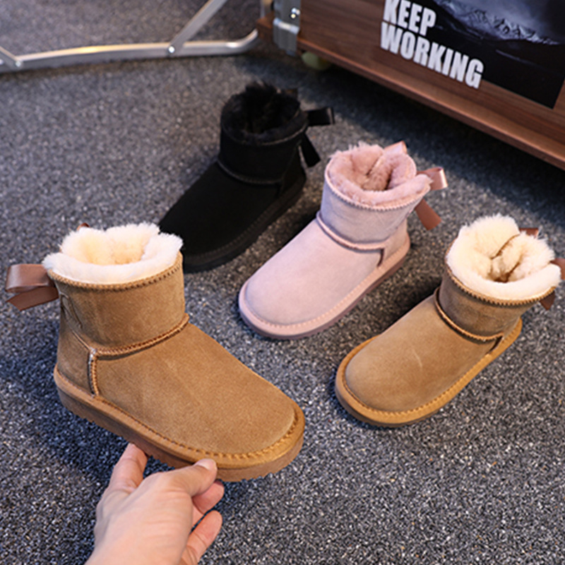 EBV designer shoes free shipping High quality cowhide new warm and anti slip fashionable bow children's snow boots size 25-36 black brown pink