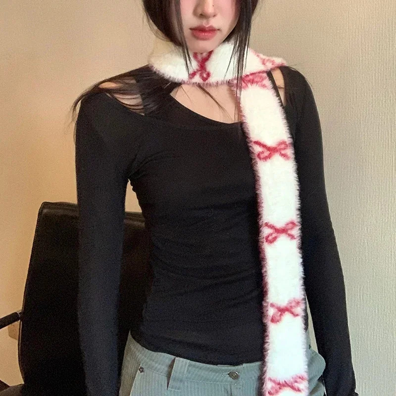 Bow scarf women winter Vintage Knitted N Longer Scarf Wome Two Colors Muffler Neck Warmer Y2k Girl Accessories Four Seasons 250929