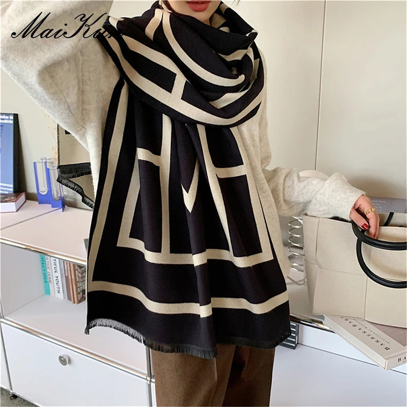 Maikuns Winter Faux Cashmere Lettering Jacquard Scarf Womens Thick AllMatch Neck DoubleSided Fashion Fringed Warm Shawl 250930