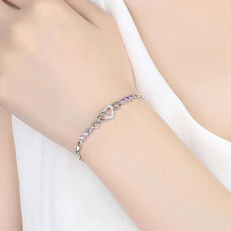 New Sterling Sier Purple Crystal Zircon Heart For Woman Charm Bracelet Jewelry Gift