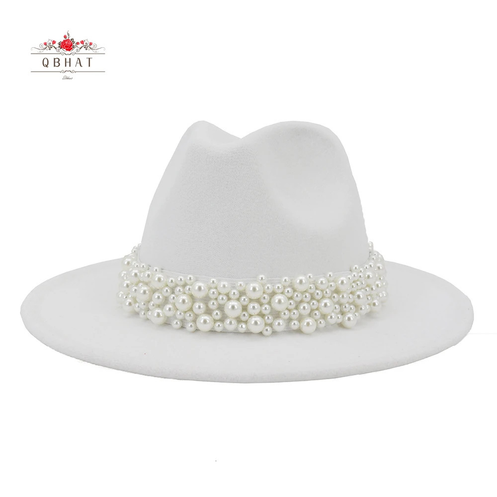 Jazz Fedora Hats with Pearls Band Women White Felted Top Cap Trendy Wide Brim Church Party Female Dress Hat Outdoor Sunhat 250930