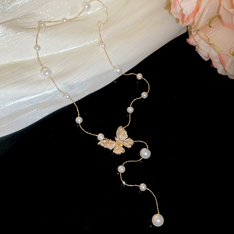 Real Gold Plated Zircon Butterfly Pearl Tassel Necklace Internet Celebrity Style Collarbone Chain Super Fairy Sweet High-end Sense Choker for Women