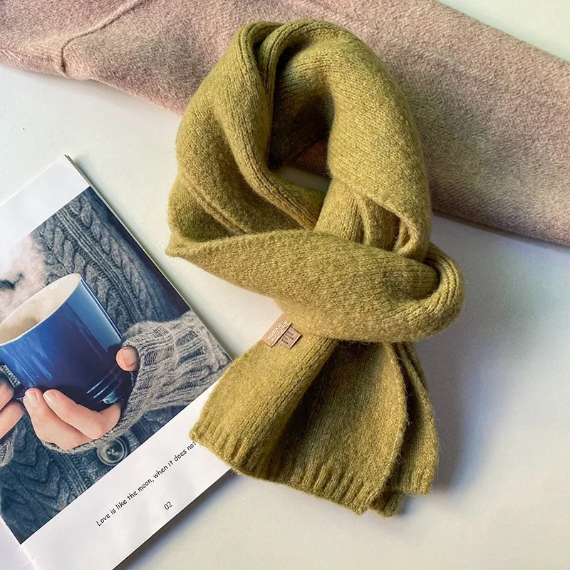 Chic Wool Small Scarf Women Men Wool Blend Knit Solid Color Couple Muffler Korean Thick Warm Versatile Shawl Female Male 250930