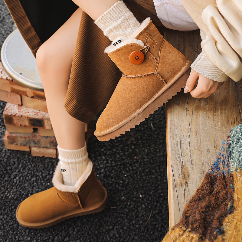 EBV designer shoes hot free shipping High quality cowhide winter snow boots anti slip thick button fashion cotton shoes for women black grey brown kha