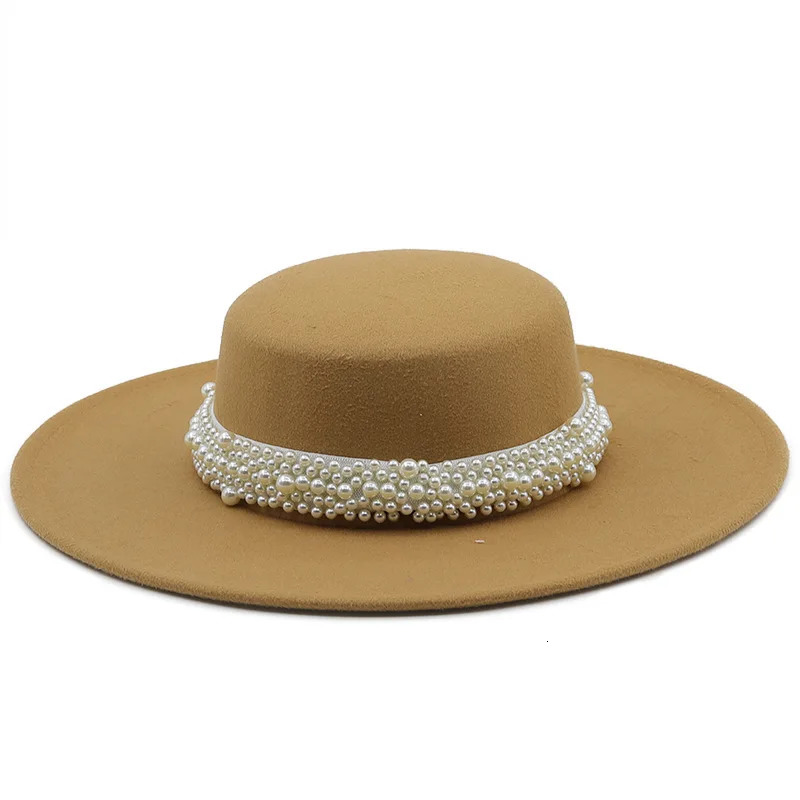 French Socialite Style Pearl Chain White Flat Top Fedora Hats for Women Autumn Spring Big Brim Boater Top Hat for Party Wedding 250930